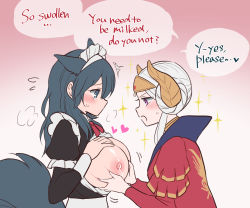 Rule 34 | 2girls, animal ears, blue hair, blush, breast hold, breasts, byleth (female) (fire emblem), byleth (fire emblem), edelgard von hresvelg, english text, fire emblem, fire emblem: three houses, highres, lactation, large breasts, leaking, maid, multiple girls, nagasawa (tthnhk), nintendo, open clothes, open shirt, tail, white hair, wolf ears, wolf tail, yuri