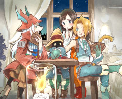 Rule 34 | 00s, 2boys, 2girls, :o, :p, blonde hair, brown hair, burmecian, candle, card, chair, cuffs, curtains, earrings, final fantasy, final fantasy ix, freija crescent, furry, garnet til alexandros xvii, gloves, hand on own chin, hat, highres, indoors, jewelry, lamp, long hair, looking down, mare (pixiv), multiple boys, multiple girls, night, one eye closed, playing card, playing games, short hair, sitting, table, tail, tongue, tongue out, vivi ornitier, white hair, window, witch hat, zidane tribal