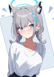 Rule 34 | 1girl, aged up, alternate costume, alternate hairstyle, amenocchi, animal ear fluff, animal ears, aqua eyes, aqua halo, arms behind back, blue archive, blush, braid, bright pupils, closed mouth, commentary request, cross hair ornament, earrings, extra ears, eyes visible through hair, grey hair, hair between eyes, hair ornament, halo, happy, highres, jewelry, long sleeves, looking at viewer, low twin braids, medium hair, mismatched pupils, notice lines, shiroko (blue archive), shirt, simple background, smile, solo, split mouth, stud earrings, tsurime, twin braids, upper body, white background, white pupils, white shirt, wolf ears