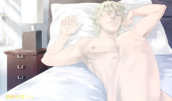 Rule 34 | 10s, 1boy, bad id, bad pixiv id, bed, blonde hair, blue eyes, blurry, depth of field, keith goodman, lamp, male focus, morning, nude, on bed, pillow, short hair, solo, tiger &amp; bunny, tsuzuki (matchbox)