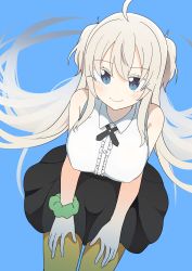 Rule 34 | 1girl, absurdres, ahoge, bare shoulders, black skirt, blue background, blue eyes, blush, breasts, center frills, closed mouth, collared shirt, covered erect nipples, dress shirt, frills, green scrunchie, grey hair, highres, long hair, looking at viewer, luke (dydansgur), medium breasts, original, pantyhose, pleated skirt, scrunchie, shirt, simple background, skirt, sleeveless, sleeveless shirt, smile, solo, two side up, very long hair, white shirt, wrist scrunchie, yellow pantyhose