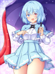 Rule 34 | 1girl, :d, adapted costume, aka tawashi, blue eyes, blue hair, blue skirt, blush, border, breasts, capelet, commentary request, cowboy shot, dotted line, frills, hand on own chest, heterochromia, highres, holding, holding umbrella, karakasa obake, light particles, long sleeves, looking at viewer, medium breasts, open mouth, pleated skirt, red eyes, shirt, skirt, smile, solo, tatara kogasa, thighs, tongue, touhou, umbrella, white shirt