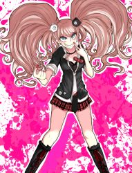 Rule 34 | 10s, 1girl, bad id, bad pixiv id, blue eyes, boots, bow, breasts, choker, cleavage, danganronpa (series), danganronpa: trigger happy havoc, enoshima junko, evil grin, evil smile, grin, hair ornament, knee boots, kocoko, nail polish, necktie, pink hair, plaid, plaid skirt, pleated skirt, skirt, sleeves rolled up, smile, solo, spoilers, v