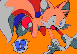 Rule 34 | !, 1boy, ?, animal ears, animal nose, blue eyes, fox boy, fox ears, furry, furry male, gloves, highres, male focus, menma (enaic31), mismatched pupils, multiple tails, open mouth, orange background, red footwear, simple background, sonic (series), spoken exclamation mark, spoken question mark, sweatdrop, tail, tails (sonic), tripping, two tails, white gloves
