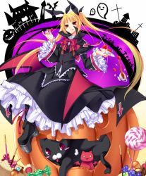 Rule 34 | 1girl, :3, :q, arc system works, blazblue, blonde hair, boots, bow, candy, cat, cookie, creature, cup, dress, drink, flower, food, full body, gii, hair ribbon, halloween, highres, jack-o&#039;-lantern, lollipop, long hair, nago, o o, plate, platform footwear, pocky, pumpkin, rachel alucard, red bow, red eyes, red flower, red rose, ribbon, rose, sayo wini, slit pupils, smile, solo, swirl lollipop, teacup, tongue, tongue out, twintails, wrapped candy