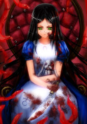 Rule 34 | 1girl, alice: madness returns, alice (alice in wonderland), alice in wonderland, alice liddell (american mcgee&#039;s alice), american mcgee&#039;s alice, bad id, bad pixiv id, black hair, blood, blood on face, bookseve, chair, doll, dress, green eyes, highres, jewelry, knife, long hair, necklace, solo, tentacles