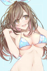Rule 34 | 1girl, :d, bad id, bad pixiv id, bare arms, bare shoulders, bikini, blue background, blue bikini, blush, breasts, brown eyes, brown hair, cleavage, collarbone, e sky rugo, floral print, hair ribbon, halterneck, halterneck, hands up, highres, idolmaster, idolmaster shiny colors, large breasts, long hair, looking at viewer, navel, open mouth, ponytail, ribbon, smile, solo, swimsuit, tsukioka kogane, upper body