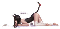 Rule 34 | 1girl, all fours, animal, animal ears, bad id, barefoot, brown eyes, brown hair, cat ears, cat tail, cheese, dongho kang, english text, finger to mouth, food, from side, full body, hat, long hair, looking at viewer, mini hat, mini top hat, mouse (animal), original, profile, realistic, red ribbon, ribbon, tail, tail ornament, tail ribbon, thighhighs, top hat, white background, white thighhighs