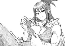 Rule 34 | 1girl, artist name, bare shoulders, boku no hero academia, breasts, cape, cleavage, gloves, highres, large breasts, looking at viewer, mole, mole under mouth, monochrome, muscular, muscular female, ponytail, shimura nana, shoganight, sketch, sleeveless, smile, solo, white background