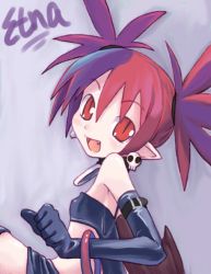 Rule 34 | 00s, 1girl, bat wings, bracelet, choker, collar, demon, demon girl, disgaea, earrings, elbow gloves, etna (disgaea), fang, female focus, gloves, happy, jewelry, looking at viewer, makai senki disgaea, miniskirt, necklace, open mouth, pointy ears, red eyes, red hair, simple background, sitting, skirt, smile, solo, tail, thighhighs, twintails, wings