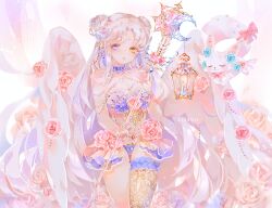 Rule 34 | 1girl, angel wings, azu-bull, blue choker, blue eyes, breasts, cage, choker, cleavage, detached collar, dress, facial mark, flower, forehead mark, frilled dress, frills, gem, heterochromia, holding, holding wand, kneehighs, layered dress, looking at viewer, medium breasts, original, over-kneehighs, parted bangs, parted lips, pink flower, pink rose, rose, single kneehigh, single over-kneehigh, single sock, single thighhigh, socks, solo, thighhighs, wand, white hair, wings, yellow eyes