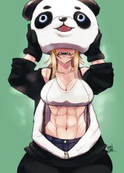 Rule 34 | 1girl, absurdres, animal costume, basedshark, black gloves, blonde hair, blush, breasts, cleavage, commentary, commission, covered face, english commentary, gloves, green background, highres, hot, large breasts, long hair, mascot head, midriff, muscular, muscular female, open mouth, original, panda costume, pants, solo, sports bra, sweat, unzipped, white sports bra
