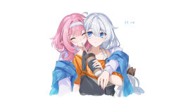 Rule 34 | 2girls, blue eyes, blue nails, braid, closed eyes, commentary request, cropped torso, cup, dated, disposable cup, drinking straw, ejieaa, elysia (honkai impact), hair between eyes, hairband, highres, holding, holding cup, honkai (series), honkai impact 3rd, kiana kaslana, long hair, long sleeves, looking at another, looking to the side, multiple girls, nail polish, off-shoulder shirt, off shoulder, orange shirt, overalls, pink hair, pink nails, pointy ears, puffy long sleeves, puffy sleeves, shirt, simple background, white background, white hairband, white shirt