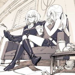 Rule 34 | 2girls, ahoge, artoria pendragon (all), artoria pendragon (fate), belt, boots, burger, couch, cup, drink, drinking straw, eating, fast food, fate/grand order, fate (series), food, from side, high heel boots, high heels, holding, holding cup, jeanne d&#039;arc (fate), jeanne d&#039;arc (ruler) (fate), jeanne d&#039;arc alter (fate), jeanne d&#039;arc alter (ver. shinjuku 1999) (fate), jewelry, jpeg artifacts, knee boots, crossed legs, legs on another&#039;s lap, monochrome, multiple girls, nakatani nio, necklace, official alternate costume, ponytail, profile, saber alter, saber alter (ver. shinjuku 1999) (fate), shorts, thigh boots, thighhighs, trash