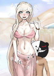 Rule 34 | 1boy, 1girl, akisora, bikini, blonde hair, blush, bracelet, braid, breasts, cleavage, collarbone, commentary request, cowboy shot, danganronpa (series), danganronpa 2: goodbye despair, danganronpa s: ultimate summer camp, day, female pubic hair, fingering, helm, helmet, highres, jewelry, large breasts, long hair, looking at viewer, monokuma, navel, outdoors, pink bikini, pubic hair, sarashi, see-through, sonia nevermind, stealth fingering, stomach, swimsuit, translation request