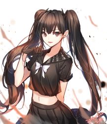 Rule 34 | 1girl, arm behind back, artist name, bad id, bad pixiv id, black serafuku, black skirt, blurry, bow, bowtie, brown eyes, brown hair, cowboy shot, crop top, crop top overhang, dated, depth of field, girls&#039; frontline, hair bun, horns, long hair, looking at viewer, midriff, navel, open mouth, ouroboros (girls&#039; frontline), pleated skirt, school uniform, serafuku, short sleeves, side bun, sila (carpen), single side bun, skirt, smile, solo, standing, tsurime, twintails, very long hair, white bow, white bowtie