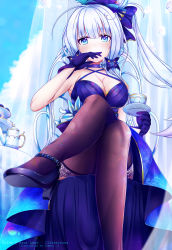Rule 34 | 1girl, ahoge, alternate costume, artist name, azur lane, black footwear, black thighhighs, blue dress, blue eyes, blue gloves, blue sky, blush, bow, breasts, character name, choker, cleavage, cloud, covered mouth, crossed legs, cup, dress, dress shoes, elbow gloves, flower, from below, gloves, hair bow, hair ornament, hair ribbon, hand to own mouth, high heels, highres, holding, holding saucer, illustrious (azur lane), illustrious (never-ending tea party) (azur lane), lace, lace-trimmed legwear, lace trim, large breasts, legs, long hair, looking at viewer, low twintails, mole, mole under eye, ribbon, saucer, sidelocks, sitting, sky, sleeveless, sleeveless dress, solo, table, teacup, teapot, thighhighs, thighs, tress ribbon, twintails, white hair, yumeno s