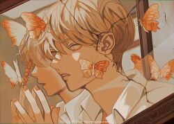Rule 34 | 1boy, blonde hair, broken mirror, bug, butterfly, butterfly on hand, cognacbear, collared shirt, crack, hand on mirror, highres, insect, interior, male focus, mirror, open mouth, orange butterfly, original, parted lips, portrait, shirt, solo, white shirt, yellow eyes