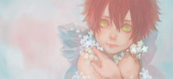 Rule 34 | 1boy, blush, child, close-up, daisy, eyelashes, fairy, fairy wings, flower, green eyes, lips, looking away, male focus, original, red hair, renos, scratches, topless male, simple background, solo, spiked hair, upper body, wings, aged down