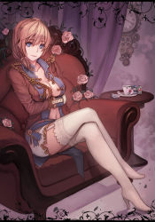 Rule 34 | 1girl, aiguillette, analog clock, bad id, bad pixiv id, blonde hair, blue eyes, breasts, catsmoon, chair, cleavage, clock, crossed legs, cup, flower, garter straps, gears, miniskirt, navel, open clothes, plate, rodney (warship girls r), roman numeral, rose, short hair, sitting, skirt, solo, table, teacup, thighhighs, warship girls r, zettai ryouiki