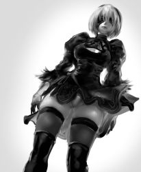 Rule 34 | 1girl, blindfold, boots, breasts, cleavage, cleavage cutout, clothing cutout, covered eyes, drag-on dragoon, from below, gloves, greyscale, monochrome, negresco, nier:automata, nier (series), panties, pantyshot, simple background, skindentation, skirt, solo, standing, thigh boots, thighhighs, thighhighs under boots, thighs, underwear, 2b (nier:automata)