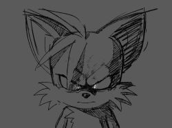 Rule 34 | 1boy, angry, animal ears, animal nose, body fur, chronocrump, closed mouth, dark, derivative work, furrowed brow, furry, furry male, glowing, glowing eyes, grey background, greyscale, highres, looking at viewer, male focus, monochrome, screenshot redraw, simple background, sketch, solo, sonic (live action), sonic (series), sonic the hedgehog 2 (film), straight-on, tails (sonic), upper body, v-shaped eyebrows