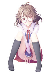 Rule 34 | 1girl, black socks, brown hair, covering privates, feet, glasses, looking at viewer, midorino eni, pov, red eyes, skirt, socks, tagme, touhou, white background