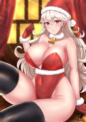 Rule 34 | 1girl, absurdres, alternate costume, blush, breasts, christmas, cleavage, corrin (female) (fire emblem), corrin (fire emblem), fire emblem, fire emblem fates, gloves, hair between eyes, hat, highres, huge breasts, kaos art, long hair, looking at viewer, nintendo, pointy ears, santa hat, thick thighs, thighhighs, thighs, wide hips