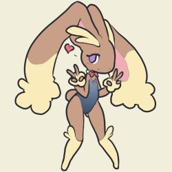 Rule 34 | 1girl, animal ears, bare shoulders, beige background, black leotard, blush, bow, creatures (company), detached collar, double v, fake animal ears, female focus, flat chest, full body, furry, furry female, game freak, gen 4 pokemon, hands up, heart, highres, itsunknownanon, legs apart, leotard, looking to the side, lopunny, nintendo, playboy bunny, pokemon, pokemon (creature), pokemon dppt, purple eyes, rabbit ears, rabbit tail, red bow, simple background, smile, solo, spoken heart, standing, tail, v