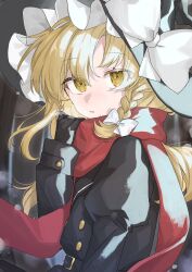 Rule 34 | 1girl, absurdres, black gloves, black hat, black jacket, blonde hair, bow, braid, chu (yuzumeno), expressionless, gloves, hair bow, hat, highres, jacket, kirisame marisa, long hair, looking at viewer, red scarf, scarf, single braid, solo, touhou, white bow, winter clothes, witch hat, yellow eyes
