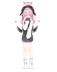 Rule 34 | 1girl, beret, blue archive, blush, commentary, deitaku, halo, hat, head wings, heart, highres, jacket, koharu (blue archive), looking at viewer, medium hair, pink eyes, pink hair, shoes, short twintails, simple background, standing, track jacket, twintails, white background, wings
