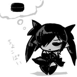 Rule 34 | 1girl, backbeako (torotei), chibi, choco pie, closed eyes, crossed arms, dress, elbow gloves, food, frown, full body, gegege no kitarou, gloves, hair over one eye, hair ribbon, long hair, monochrome, original, pie, pointy ears, ribbon, simple background, sleeveless, sleeveless dress, solo, standing, thighhighs, thought bubble, torotei, translated, twintails, white background