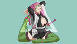Rule 34 | 1girl, arms behind head, belt, black skirt, braid, breasts, cleavage, gradient hair, green background, green eyes, green hair, green thighhighs, highres, hong doo, kanroji mitsuri, kimetsu no yaiba, large breasts, looking at viewer, mole, mole under eye, multicolored hair, open mouth, partially unbuttoned, pink hair, pleated skirt, simple background, skirt, smile, solo, sword, thighhighs, weapon, white belt