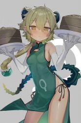 Rule 34 | 1girl, :&lt;, bamboo steamer, blonde hair, blush, bouhuman, breasts, brown eyes, china dress, chinese clothes, commission, contrapposto, coral (summon night), covered navel, dress, elbow gloves, gloves, gradient hair, green dress, green hair, grey background, highres, holding, horns, looking at viewer, multicolored hair, panties, pointy ears, short hair with long locks, side-tie panties, simple background, skeb commission, sleeveless, small breasts, solo, summon night, summon night 4, sweatdrop, tail, tray, underwear, waitress, white gloves