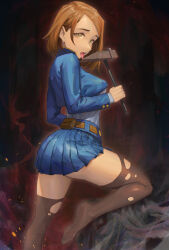 Rule 34 | 1girl, adapted costume, ass, belt, blue shirt, blue skirt, breasts, brown belt, brown hair, from side, hammer, holding, holding hammer, jujutsu kaisen, kugisaki nobara, licking, licking weapon, looking at viewer, medium breasts, miniskirt, no shoes, open mouth, pleated skirt, pouch, shirt, short hair, skirt, smoke, solo, standing, standing on one leg, thighhighs, thighs, tongue, tongue out, torn clothes, torn thighhighs, weapon, yellow eyes, yugen99, zettai ryouiki