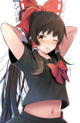 Rule 34 | 1girl, alternate costume, arms behind head, black hair, black shirt, black skirt, bow, closed mouth, e.o., frilled bow, frills, hair bow, hair tubes, hakurei reimu, highres, long hair, looking at viewer, navel, one eye closed, red bow, red eyes, shirt, short sleeves, simple background, skirt, solo, touhou, tying hair, white background