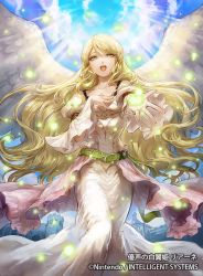 Rule 34 | 1girl, blonde hair, blue sky, cloud, company name, copyright name, dress, feathered wings, female focus, fire emblem, fire emblem: path of radiance, fire emblem cipher, green eyes, leanne (fire emblem), long hair, long sleeves, nintendo, official art, open mouth, sky, solo, uroko (mnr), white wings, wings