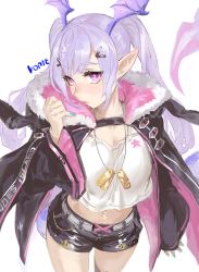 Rule 34 | 1girl, arknights, bat wings, blush, chain necklace, frischenq, hair ornament, hairclip, hood, hooded jacket, jacket, looking at viewer, manticore (arknights), necklace, pointy ears, purple eyes, purple hair, scorpion tail, shorts, solo, tail, wings