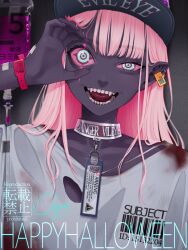 Rule 34 | 1girl, aqua eyes, baseball cap, blood, blood bag, blood on clothes, chimachi, collar, colored sclera, colored skin, ear tag, english text, fangs, grey skin, hand up, happy halloween, hat, highres, hospital gown, intravenous drip, long hair, looking at viewer, open mouth, original, pink hair, pink sclera, pointy ears, qr code, see-through, signature, solo, teeth, tongue, torn clothes, upper body, watermark