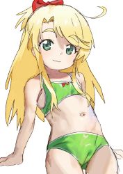 Rule 34 | 1girl, :3, absurdres, ahoge, bad id, bad twitter id, bare arms, bare shoulders, bikini, blonde hair, bow, closed mouth, commentary request, dorontabi, gluteal fold, green bikini, green eyes, hair bow, highres, himesaka noa, long hair, navel, outie navel, ponytail, red bow, simple background, smile, solo, swimsuit, thick eyebrows, watashi ni tenshi ga maiorita!, white background