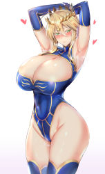 Rule 34 | 1girl, ahoge, armpits, arms behind head, arms up, artoria pendragon (fate), artoria pendragon (lancer) (fate), bare shoulders, blonde hair, blue gloves, blue leotard, blue thighhighs, blush, braid, breasts, cleavage, cleavage cutout, closed mouth, clothing cutout, covered navel, crown, elbow gloves, fate/grand order, fate (series), french braid, gloves, green eyes, hair between eyes, heart, heattech leotard, heavy breathing, highleg, highleg leotard, huge breasts, kumakichi (cost-lost), leotard, long hair, looking at viewer, sidelocks, simple background, smile, solo, sweat, thighhighs, thighs, turtleneck, white background