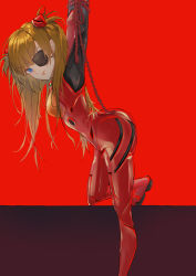 Rule 34 | 1girl, absurdres, arms up, artist request, ass, bdsm, blue eyes, bodysuit, bondage, bound, breasts, brown hair, eyepatch, hair between eyes, highres, interface headset, lips, long hair, long image, looking at viewer, looking to the side, medium breasts, neon genesis evangelion, plugsuit, rebuild of evangelion, red background, red bodysuit, shiny clothes, simple background, solo, souryuu asuka langley, two side up