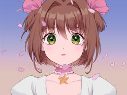 Rule 34 | 1girl, bad id, bad pixiv id, blue background, brown hair, cardcaptor sakura, choker, clamp (style), collarbone, commentary request, falling petals, frills, gradient background, green eyes, hair intakes, kinomoto sakura, light blush, looking at viewer, mongkyung, parted lips, petals, portrait, short hair, simple background, sky, solo, star (symbol), twilight, two side up