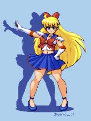 Rule 34 | 1girl, aino minako, bishoujo senshi sailor moon, blue background, blue eyes, bow, crop top, geno cl, gloves, hand on own hip, magical girl, pixel art, red bow, sailor v, skirt