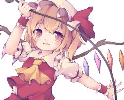 Rule 34 | blonde hair, commentary request, cycloneyukari, fang, flandre scarlet, frilled shirt collar, frills, hair between eyes, hat, holding, holding polearm, holding weapon, long sleeves, looking at another, medium hair, mob cap, multicolored wings, open mouth, orange eyes, polearm, puffy long sleeves, puffy sleeves, red skirt, red vest, shirt, side ponytail, skin fang, skirt, spear the gungnir, touhou, upper body, vest, weapon, white background, white hat, white shirt, wings
