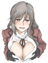 Rule 34 | 1girl, blush, breasts, brown eyes, cleavage, downblouse, elf (stroll in the woods), girls und panzer, grey hair, highres, implied paizuri, large breasts, looking at viewer, open mouth, shimada chiyo, solo
