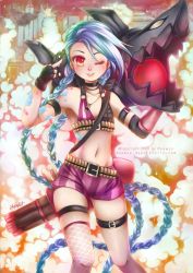 Rule 34 | 1girl, blue hair, braid, fingerless gloves, gloves, highres, jinx (league of legends), league of legends, lipstick, long hair, makeup, middle finger, pink eyes, shorts, single thighhigh, solo, tattoo, thigh strap, thighhighs, twin braids, twintails, very long hair, weapon, wink