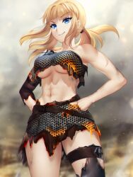 Rule 34 | 1girl, abs, armor, artist name, asymmetrical legwear, blonde hair, blue eyes, blush, breasts, chain armor, collarbone, damaged armor, feet out of frame, floating hair, gigamessy, hands on own hips, large breasts, melt iron, melted armor, melted iron, muscular, muscular female, navel, original, ponytail, skirt, smile, underboob