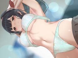 Rule 34 | 1girl, absurdres, akira tooru, armpits, arms up, black hair, black skirt, bra, breasts, brown eyes, closed mouth, clothes lift, clothes pull, commentary request, green bra, green panties, highres, large breasts, looking at viewer, navel, necktie, original, panties, ponytail, red necktie, shirt lift, skirt, skirt pull, solo, stomach, underwear, undressing