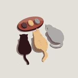 Rule 34 | animal focus, avogado6, black cat, brown cat, cat, color coordination, commentary request, food, from above, full body, grey background, grey cat, looking at another, no humans, ohagi (food), original, plate, simple background